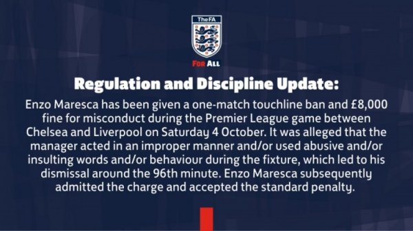 Official: Maresca was suspended for one game and fined £8,000 for catching red against Liverpool